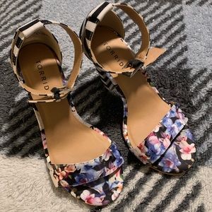 Torrid black/white striped and floral block heels